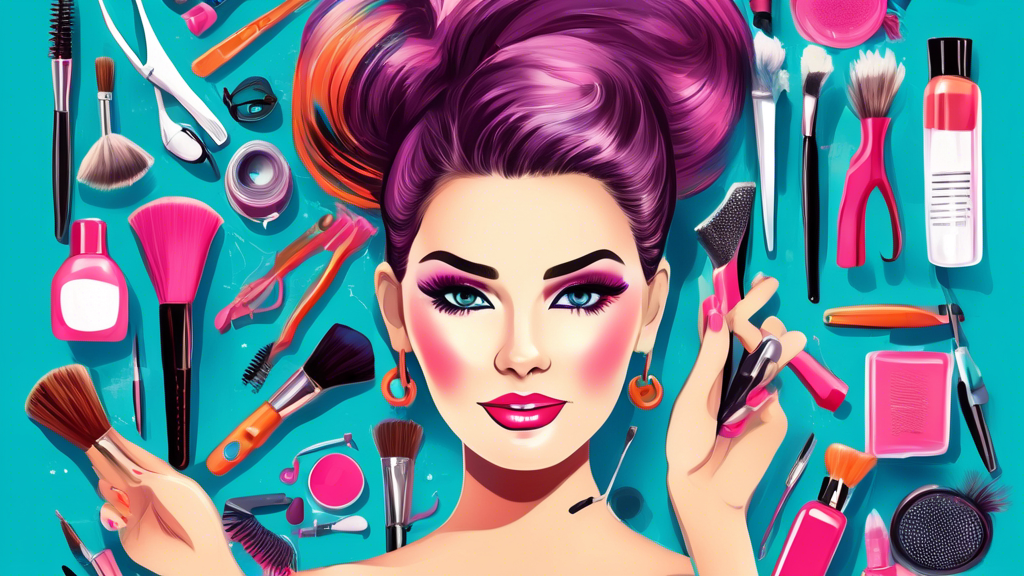 A vibrant, illustrated cover for a guidebook titled 'A Beginner's Guide to Becoming a Cosmetologist,' featuring an array of beauty tools such as brushes, scissors, bottles of colorful nail polish, and a model sporting a creative hairstyle and makeup, with a background of a beauty salon filled with happy people learning and practicing various beauty techniques.
