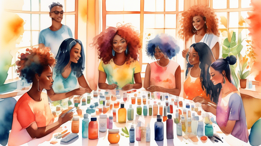 A vibrant watercolor illustration of a diverse group of people, each with different hair types, sitting in a semicircle around a table filled with various natural hair care products like oils, brushes, and nutritional supplements, with sunlight streaming in through a large window, highlighting the health and shine of their hair.