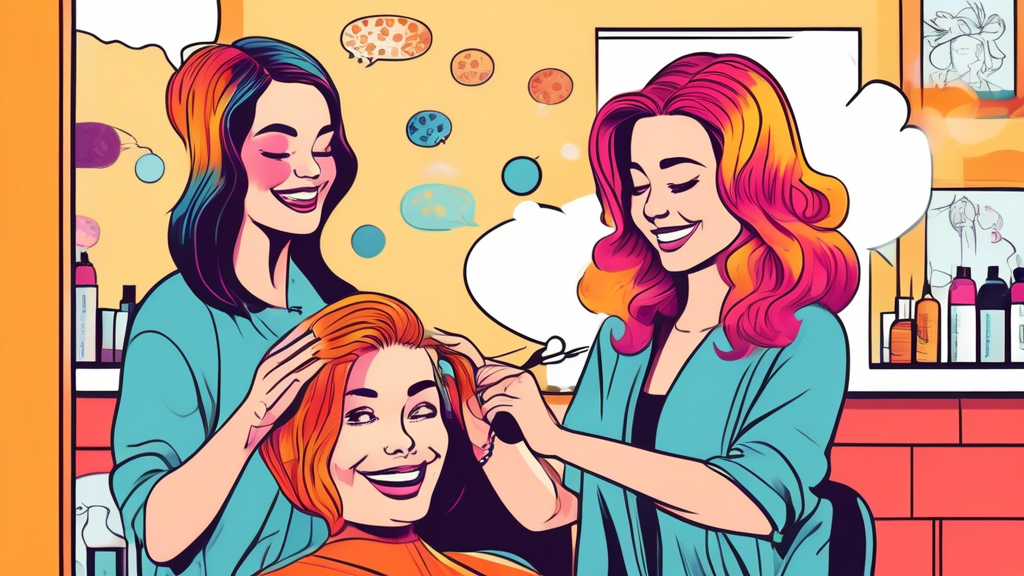 An image of a smiling beginner stylist enthusiastically applying hair coloring foils to a client's hair in a bright, welcoming salon, with a step-by-step guide floating above them in cartoon-style thought bubbles.