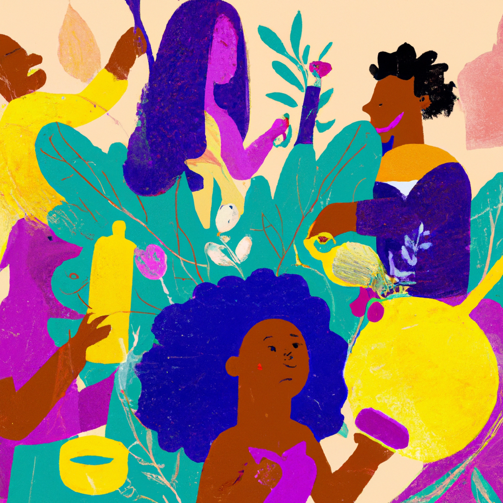 An illustration of a diverse group of people joyfully practicing healthy hair care routines, surrounded by natural hair care products and tools, in a lush, botanical setting.