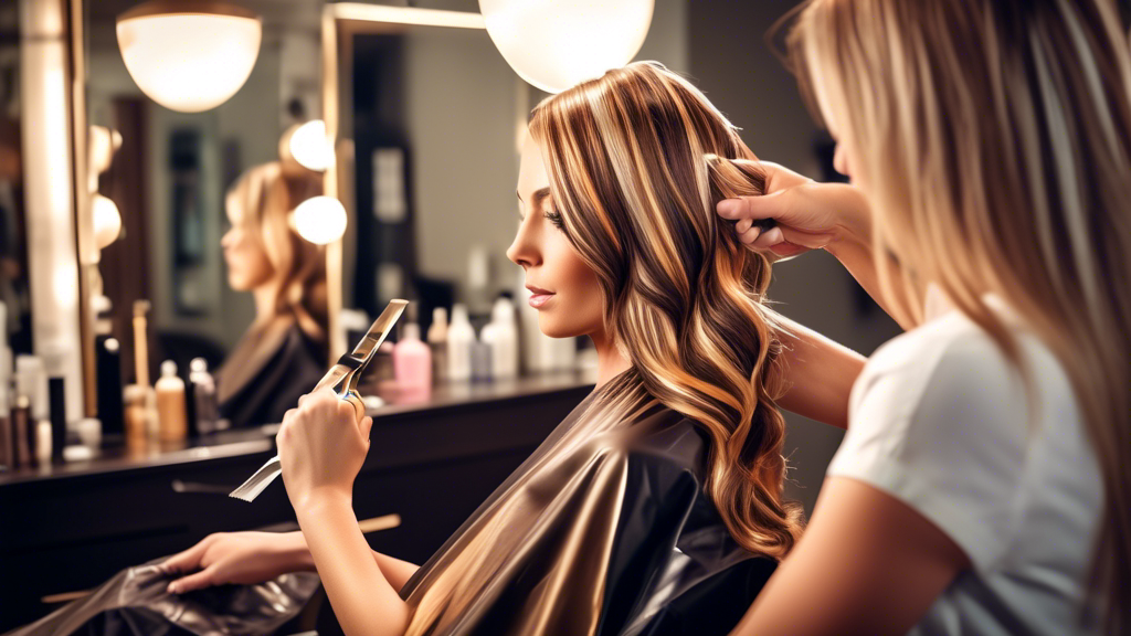 An elegant hair salon scene where a professional stylist demonstrates the technique of applying hair foils for perfect highlights on a client's hair, with a finished result showcasing radiant and stunning highlights, captured in a soft, warm light.