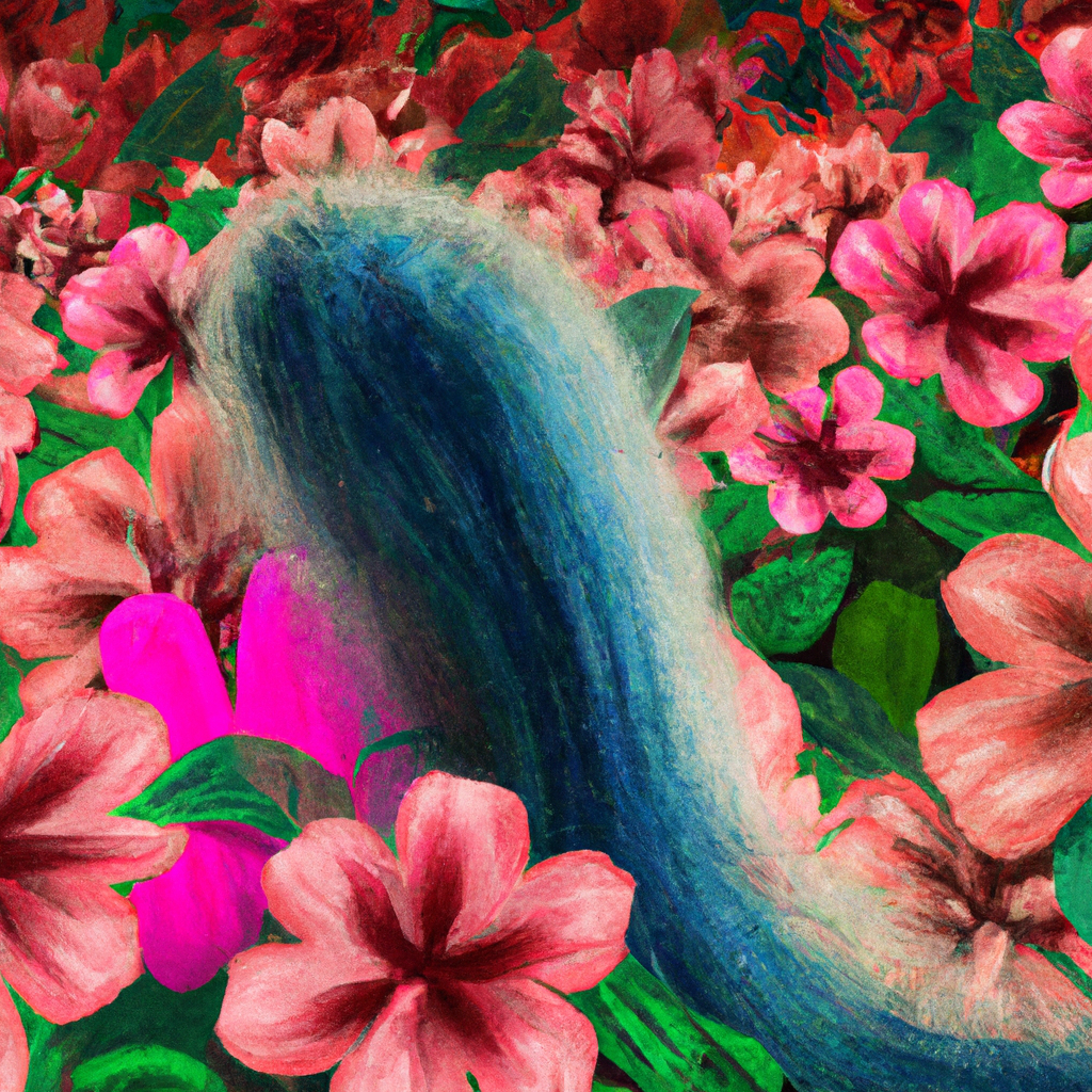 An illustration of a strong, vibrant hair follicle amidst blooming flowers, symbolizing healthy hair growth and vitality, in a whimsical, lush garden setting.