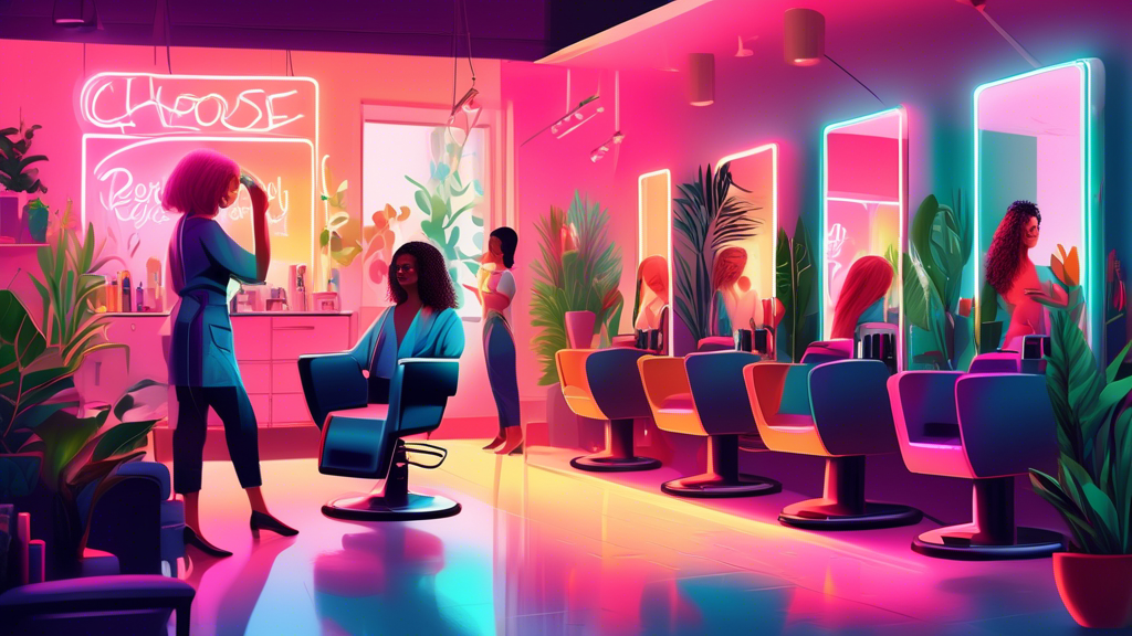 A bright, welcoming hair salon interior filled with plants and natural light, featuring a diverse group of happy clients being attended to by professional stylists, with a glowing neon sign saying 'Choose Perfectly'.