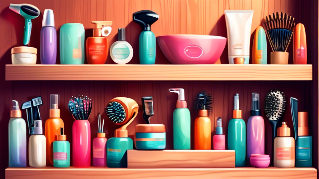 An elegant, fully stocked wooden shelf with a variety of essential hair styling tools and products, including hair dryer, straightener, curler, brushes, combs, and an array of sprays and creams, all artistically arranged in a brightly lit, chic salon setting.