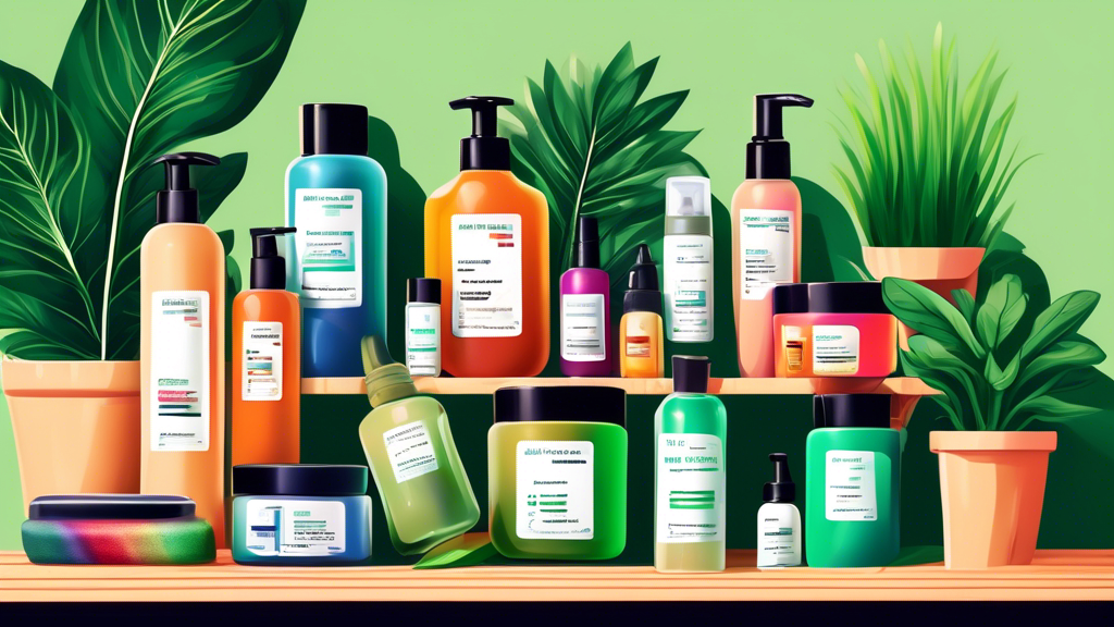 A vibrant, illustrated montage of various top-rated hair growth products displayed on a wooden vanity, surrounded by flourishing, healthy green potted plants, symbolizing natural luscious hair growth.