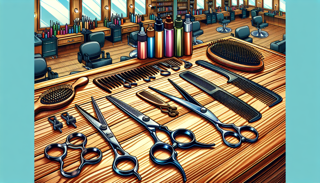 Create an image of a detailed still life featuring a variety of professional hair cutting scissors laid out on a wooden table. Include different types such as thinning shears, texturizing scissors, an