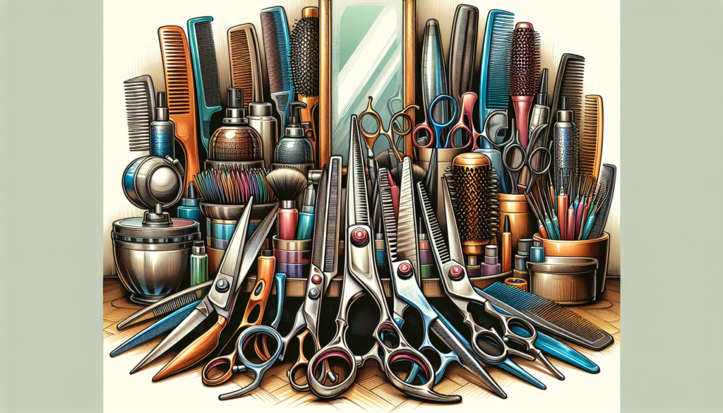 Create a detailed and vibrant image of a professional hairstylist’s workspace with an array of high-quality hair shears displayed. Each pair of shears should have distinct features and designs, rangin