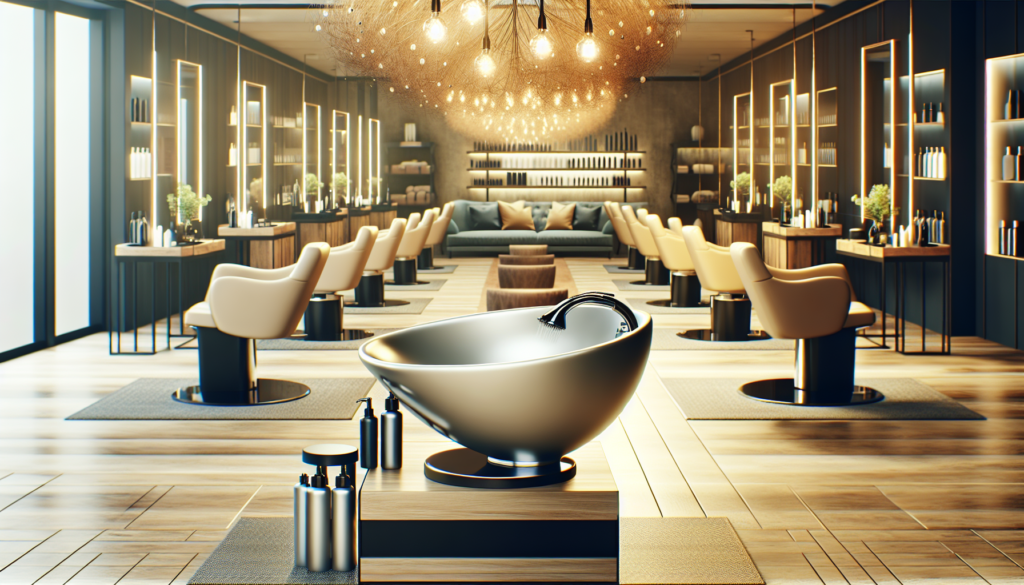 Create a realistic image of a modern and stylish salon setup, focusing on an elegantly designed shampoo bowl. Highlight the features of the bowl including ergonomic design, comfort for clients, and ea