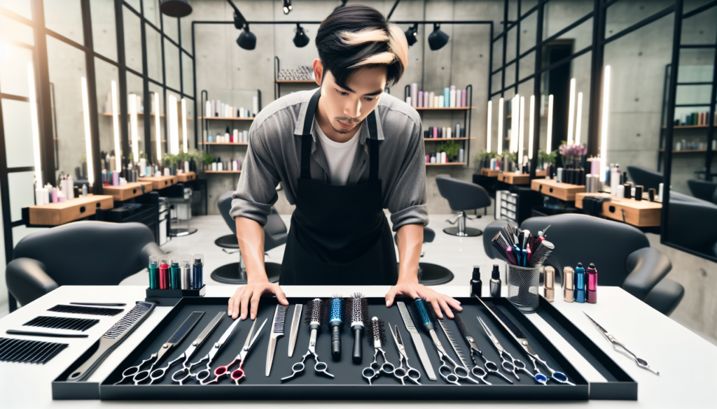Create a high-resolution image of a professional hair stylist examining different types of hair cutting shears in a well-lit, modern salon setting. The image should highlight various shears laid out n
