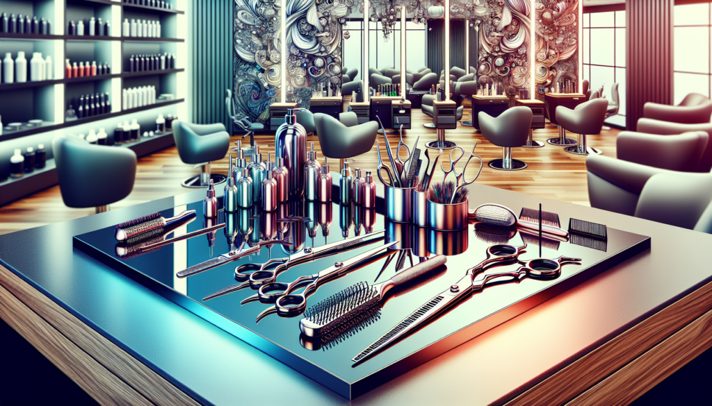 Create a highly detailed and vibrant image of a professional hairdresser's workstation. Showcase a variety of high-quality hairdressing scissors with different designs and sizes laid out meticulously