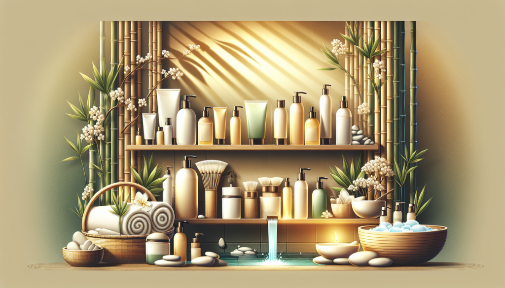 Create an image of a luxurious bathroom shelf adorned with various Aveda hair products, including shampoos, conditioners, and styling creams. The scene should emphasize a serene, spa-like atmosphere w