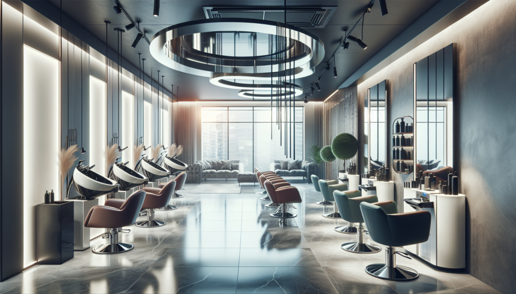 Create an image of a sleek, modern salon interior featuring essential Minerva salon equipment. Highlight high-tech chairs, advanced hair washing stations, innovative styling tools, and elegant, minima