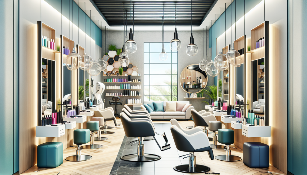 Create an image of a modern, stylish salon interior showcasing essential salon equipment. Include high-end hair styling chairs, adjustable mirrors, sleek hair washing stations, well-organized shelves