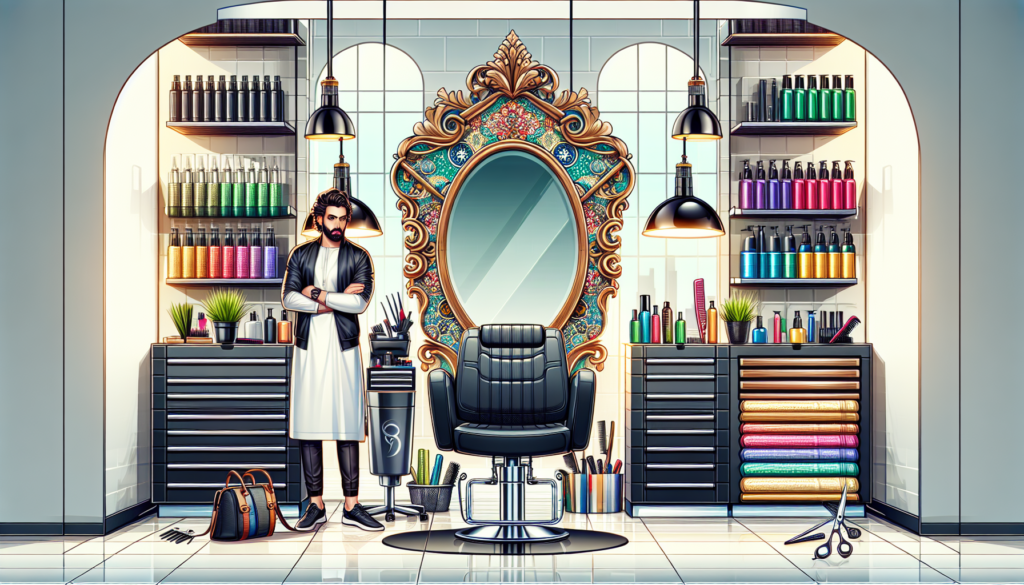 A bright and modern salon with a stylish interior, featuring a chic styling chair, a large mirror with an ornate frame, a variety of professional hair tools such as scissors, combs, brushes, and hair