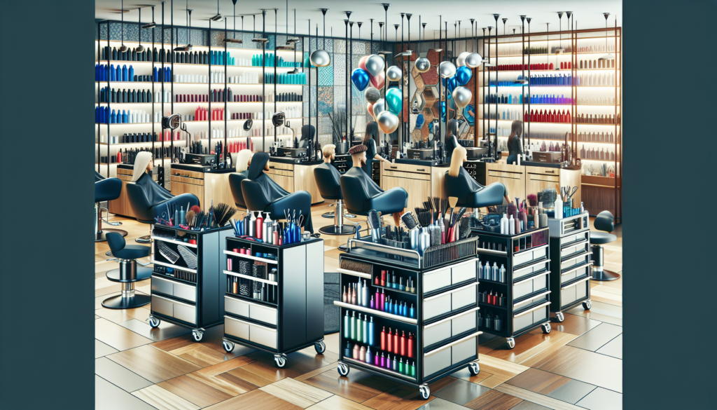 Create an image of a sleek, modern hair salon featuring a variety of hairdressing trolleys. Each trolley should be stocked with professional hairdressing tools like scissors, combs, brushes, and hair
