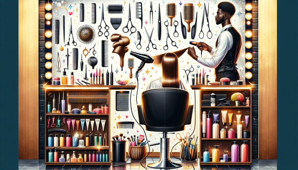 Illustrate a vibrant, professional hair salon scene showcasing a variety of essential tools every hairdresser needs. Include hairdressing scissors, blow dryers, curling irons, combs, brushes, hair cli