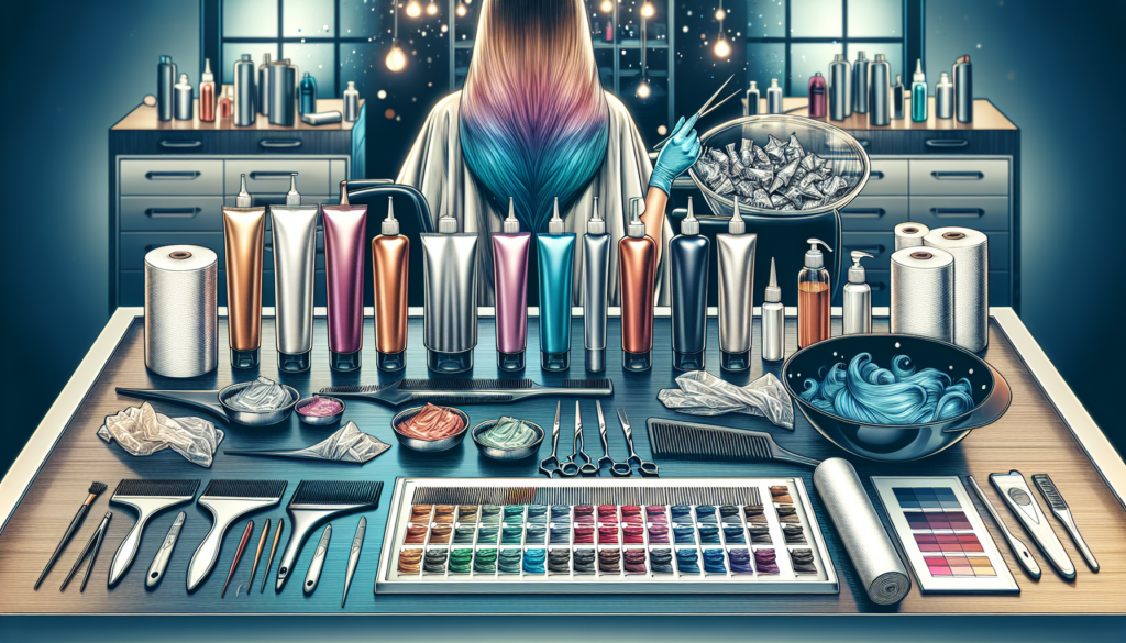 Create an image depicting a well-organized professional hair salon workspace. Include essential tools for hair coloring such as different shades of hair dye tubes, a variety of hair brushes, mixing bo