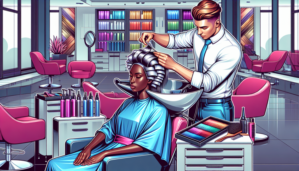 Create a detailed illustration showing a professional hairstylist carefully applying hair foils to a client's hair in a modern, upscale salon. The stylist should appear focused and skillful, with vari