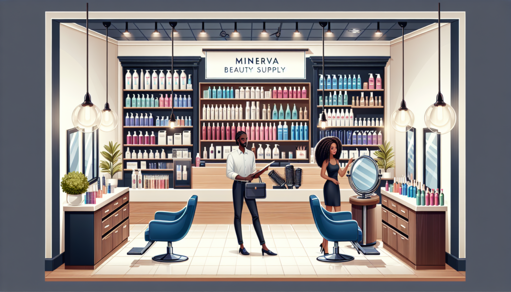 Create an inviting image of a modern, chic beauty supply store called 'Minerva Beauty Supply'. The store should be well-lit and organized with various salon essentials such as hairdryers, salon chairs