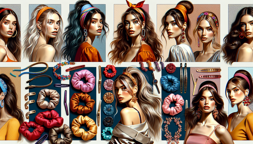 Create an image showcasing a diverse set of hair color accessories for various styles. Include scenes of vibrant hair clips, elegant hair bands, stylish scrunchies, and decorative hairpins. Show model