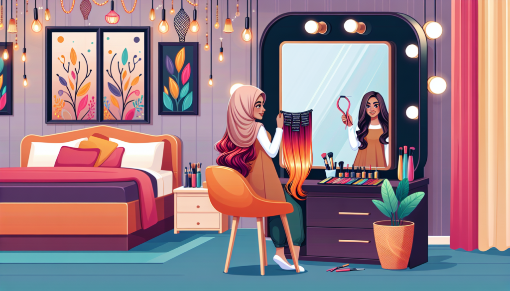 Create an image of a woman standing in front of a vanity mirror, holding vibrant orange clip-in hair extensions in one hand while examining her reflection. The setting is a bright and stylish bedroom