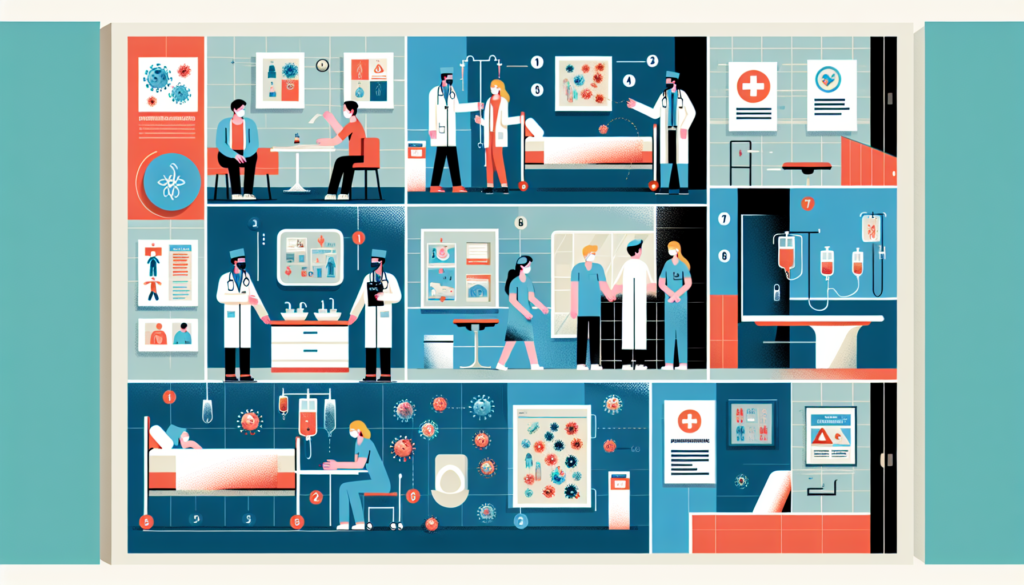 Create an image featuring a modern hospital setting with doctors, nurses, and patients. Highlight areas where Healthcare-Associated Infections (HAIs) can occur, such as patient rooms, operating theate