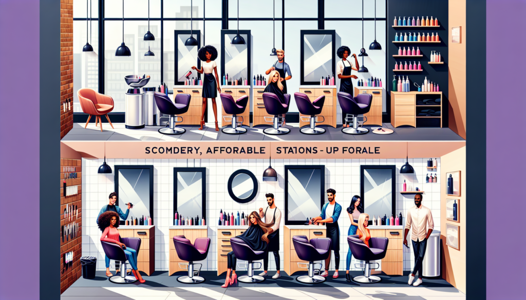 A vibrant hair salon featuring modern, affordable salon stations for sale, each with sleek mirrors, comfortable chairs, and stylish storage compartments. The scene shows hairstylists at work and clien