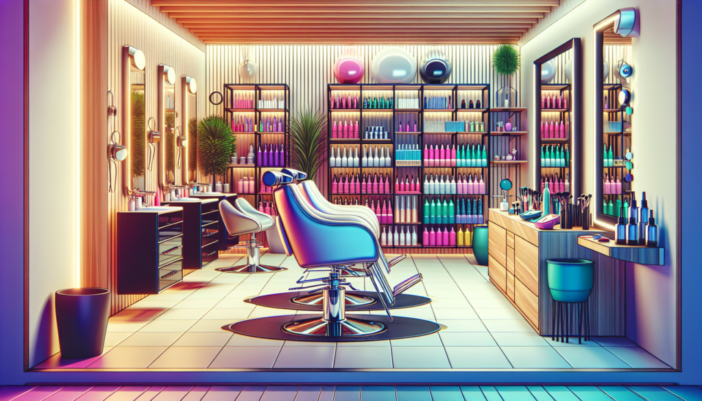 Create a vibrant and modern salon interior with essential, affordable equipment such as stylish hairdressing chairs, sleek mirrors, professional hairdryers, and colorful shelving for beauty products,