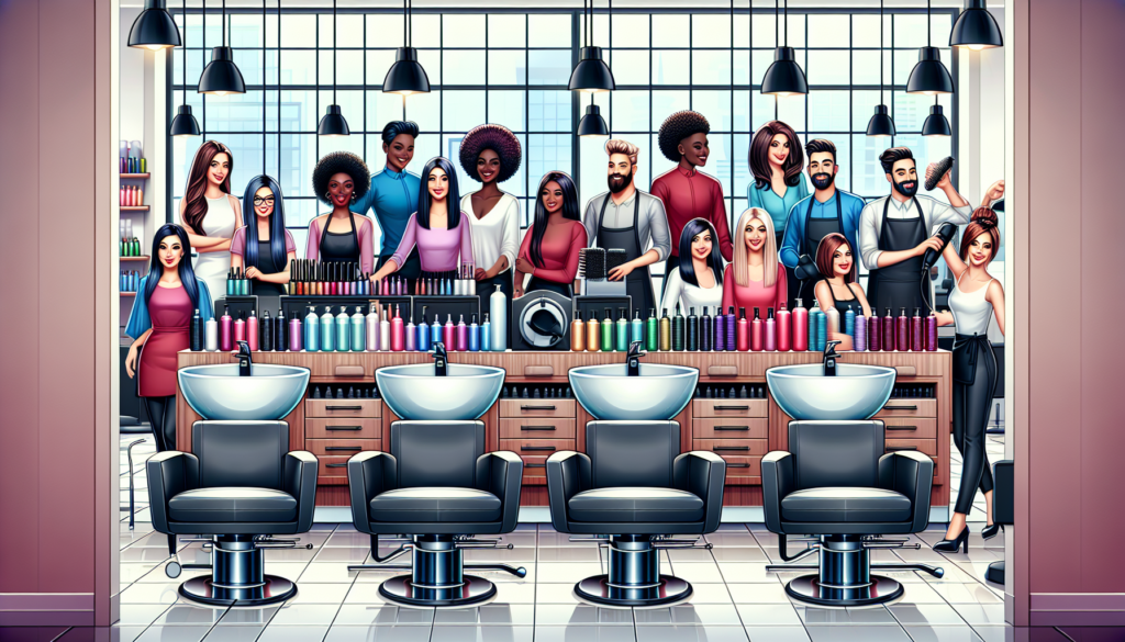 Generate an image of a professional salon interior, featuring a variety of used but well-maintained salon equipment like styling chairs, hair dryers, and workstations. The scene should have a budget-f