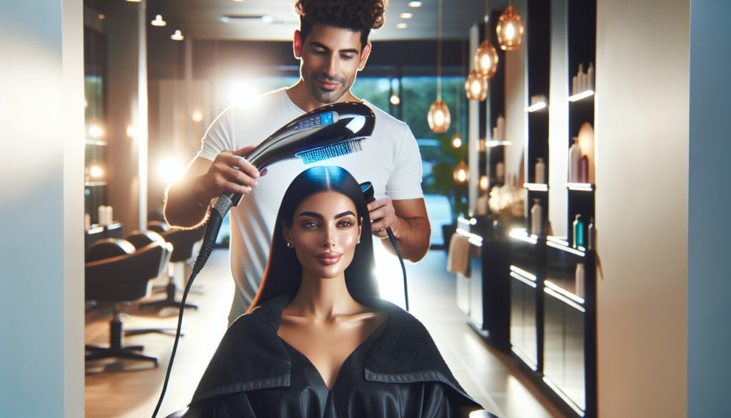 Create an image of a serene, modern hair salon where a stylish professional hairdresser is using a sleek, high-quality hair steamer on a relaxed client. The scene should highlight the hair steamer's a