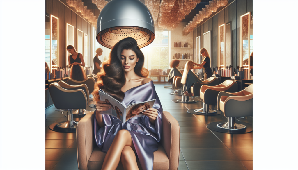 Create an image of a woman sitting comfortably under a salon hood dryer in an elegant, modern salon. She is reading a magazine, looking relaxed and happy. The salon is well-lit with stylish decor, and