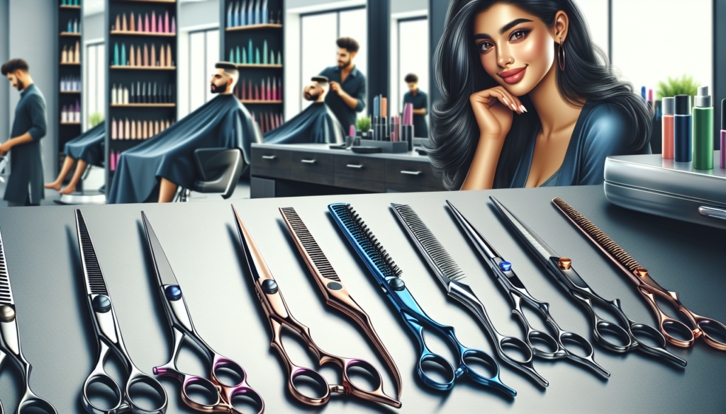 An image showing a close-up of a variety of professional hair cutting scissors displayed neatly on a sleek, modern salon workstation. Each pair of scissors has different features such as ergonomic han
