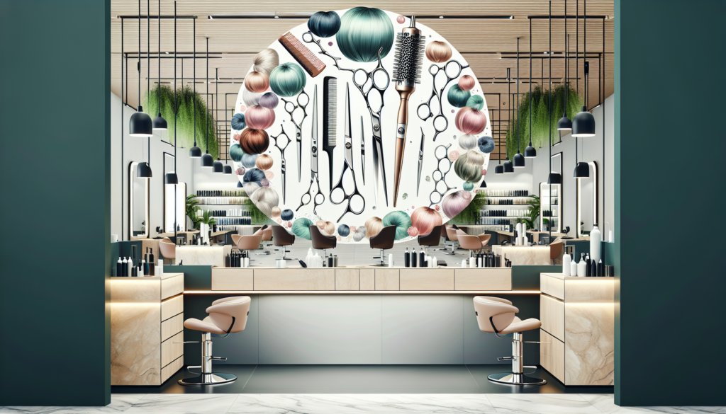 Create an image of a modern hair salon with a focus on a variety of high-quality professional hair cutting shears displayed prominently on a stylish, well-lit counter. The shears should vary in size a