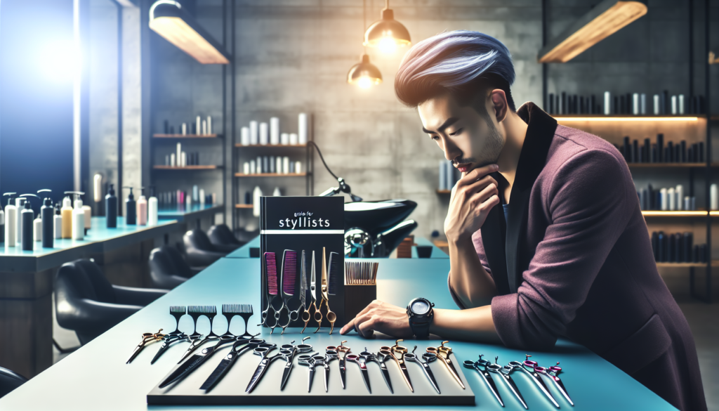 Create an image of a well-lit, sleek salon interior with a professional hair stylist carefully selecting from an array of high-quality hair scissors displayed on a stylish, organized table. Incorporat