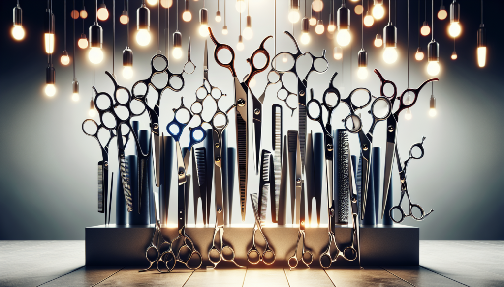 Create a high-quality image of a sleek, modern hairdressing salon with a variety of professional hairdressing scissors displayed prominently. Each pair of scissors should have different designs, sizes