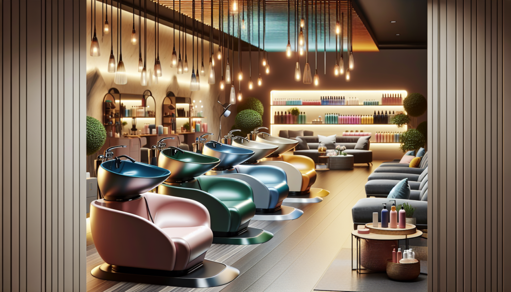 Render a sleek, modern salon interior featuring an array of stylish backwash shampoo bowls. Display various designs, colors, and features of the bowls, showcasing ergonomic comfort and professional el