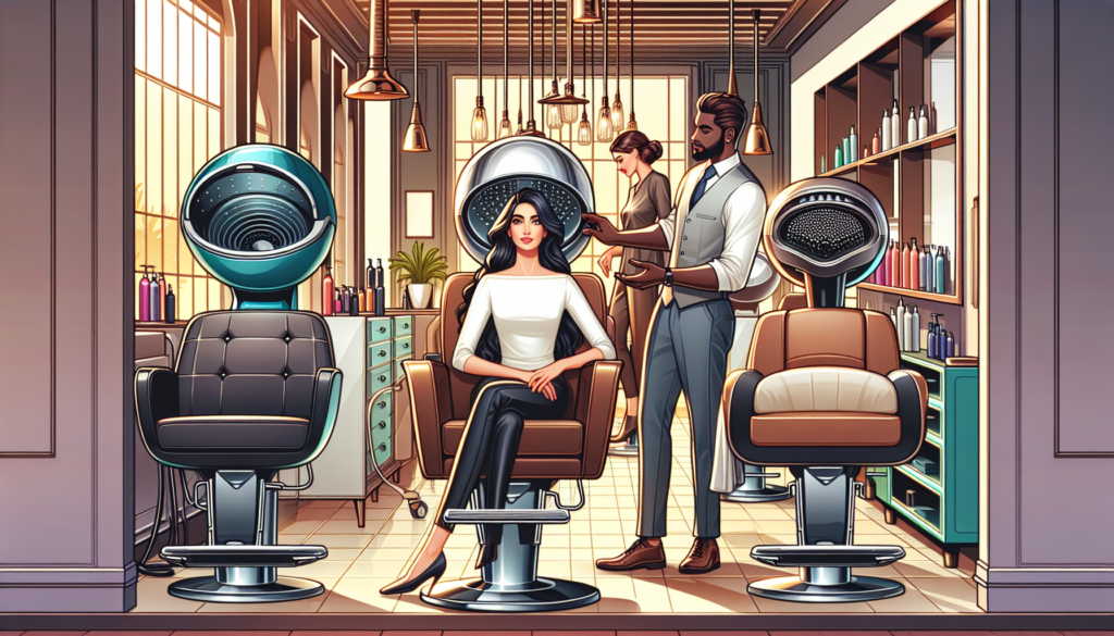 Create an image of a modern, stylish salon interior with various types of dryer chairs. Show a hair stylist helping a client choose between a comfortable, ergonomic chair with a built-in dryer, a chic