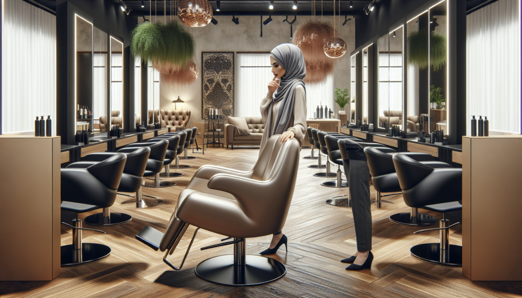 An inviting and modern hair salon interior featuring a variety of stylish and ergonomic salon chairs, with a salon owner thoughtfully examining one of the chairs. The backdrop showcases sleek mirrors,