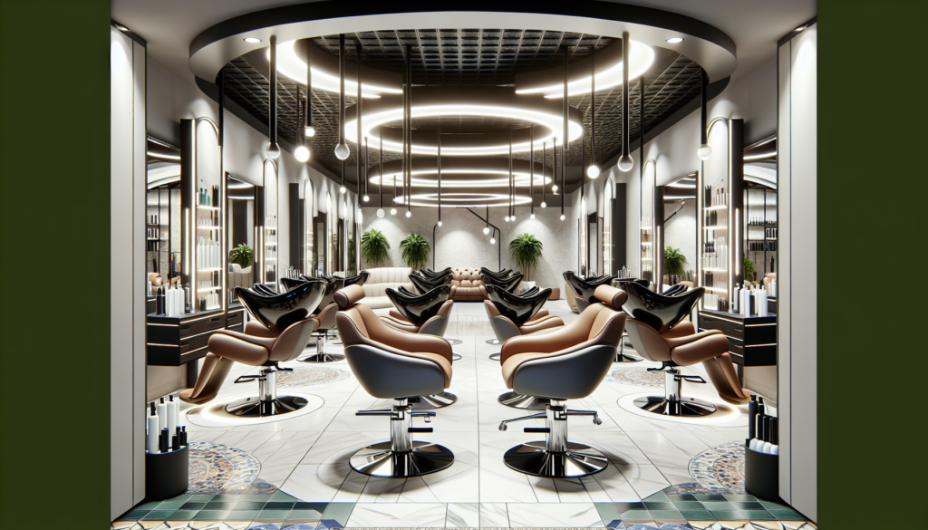 A modern, chic salon with a variety of stylish hair styling chairs displayed in a well-lit, elegant space. Each chair has a unique design, featuring ergonomically supportive seats, sleek lines, and lu