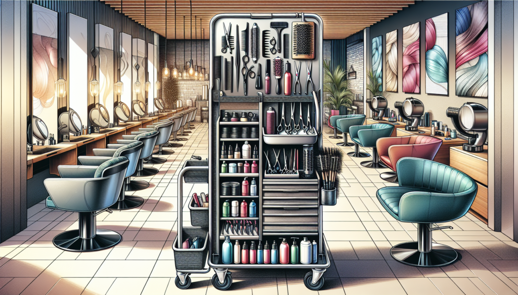Create an image of a modern hair salon, focusing on a sleek, organized hair trolley. The trolley should be filled with various salon tools like scissors, combs, brushes, hairdryers, and an assortment