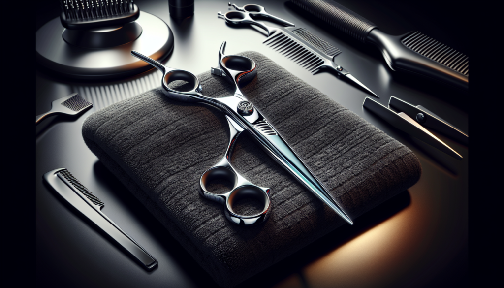 A close-up image of a pair of sleek, ergonomic left-handed hairdressing scissors with a modern design, resting on a stylish black salon towel. In the background, there are reflections of professional