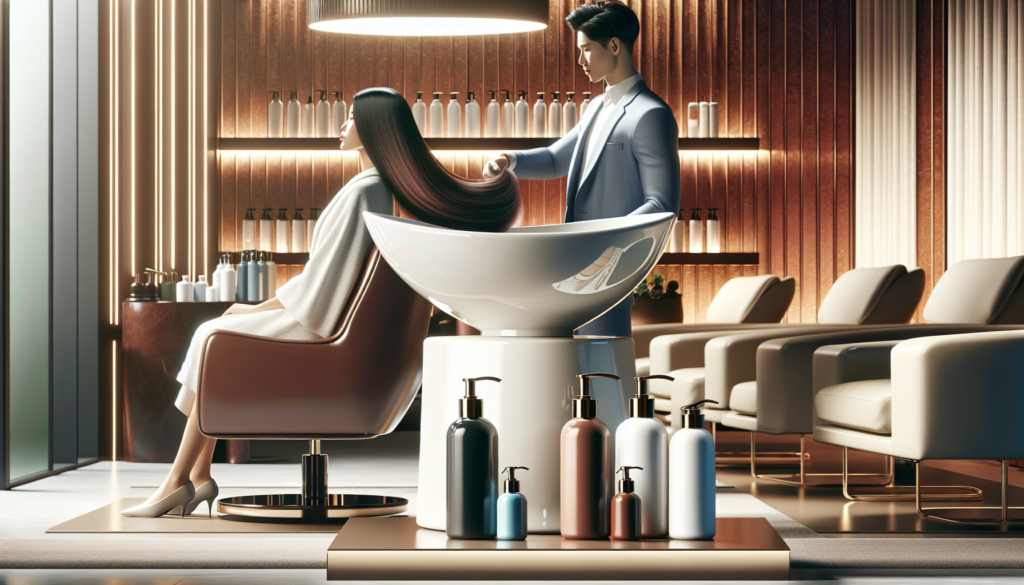 An elegant salon interior featuring a stylish pedestal shampoo bowl positioned near a comfortable, modern salon chair. The scene showcases sleek, contemporary design with bright lighting, luxurious fi