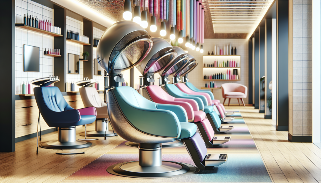 Create a vibrant and inviting image of a modern salon interior. Showcase a series of stylish, ergonomic hair dryer chairs with sleek designs and comfortable padding. Highlight different features such