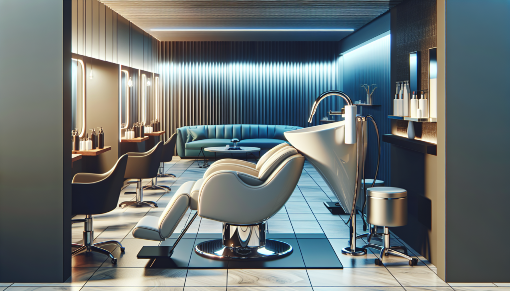 Create a high-quality, stylish illustration of a modern salon interior featuring a luxurious shampoo sink and an ergonomically designed chair. The setting should convey a sense of sophistication and c