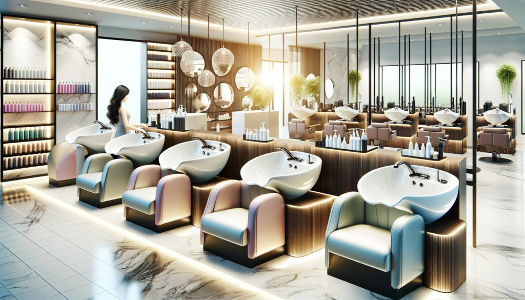 Create an image of a sleek, modern salon interior with a variety of shampoo sinks on display. Each sink features different designs and functionalities, with attention to ergonomic details, stylish fin