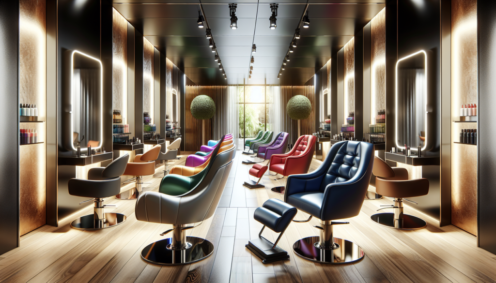 Create an image of a modern salon interior with a variety of luxurious and stylish salon chairs in different colors and designs. Highlight contemporary ergonomic features and vibrant upholstery. Inclu
