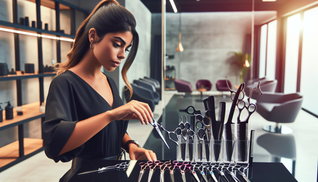 Create an image of a professional hairstylist in a modern, well-lit salon, carefully selecting from an array of high-quality hair shears displayed on a sleek countertop. Each pair of shears should hav