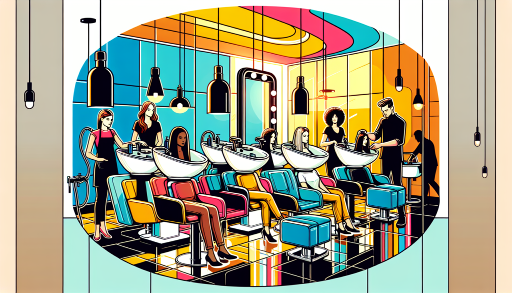 A modern hair salon with a variety of stylish and ergonomic shampoo bowls, showcasing different designs and features. The bowls are integrated into contemporary salon settings with sleek chairs, elega