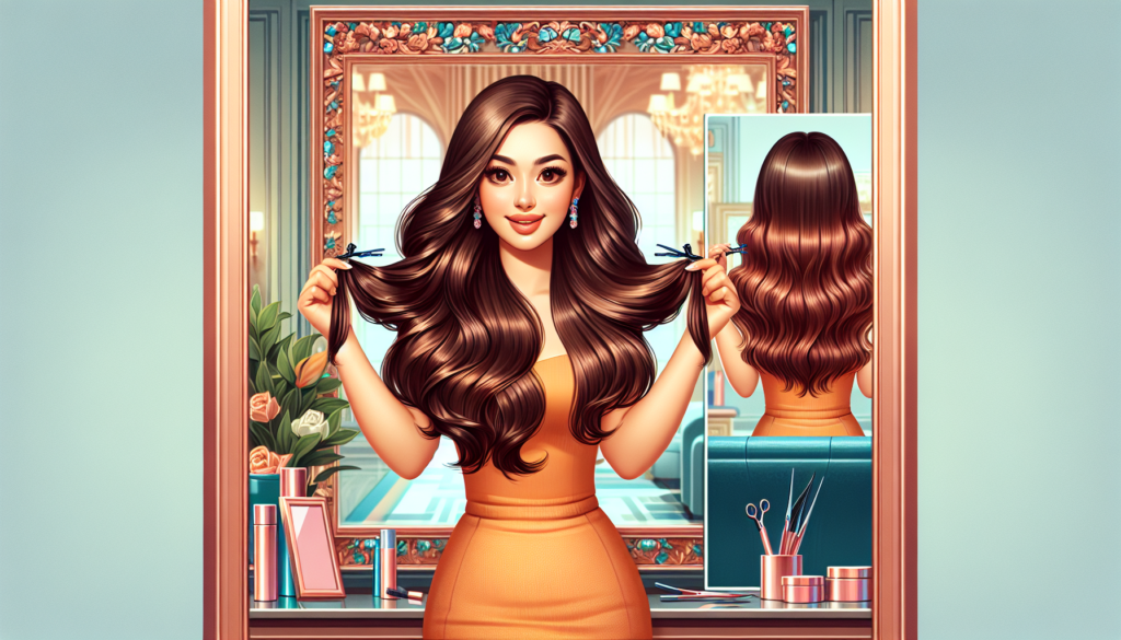 Create an image showcasing a woman with shoulder-length hair easily clipping in luxurious, silky brown hair extensions in front of a vanity mirror. Display the before and after transformation, emphasi