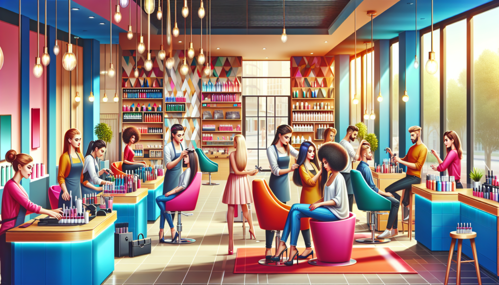 Create an inviting scene inside a lively beauty salon named Sally's Beauty Salon. Show stylish haircuts, vibrant nail art, and a team of friendly, professional stylists attending to happy clients. Inc